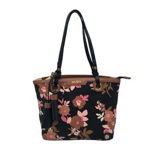Spartina 449 black and pink floral linen tote with tassels